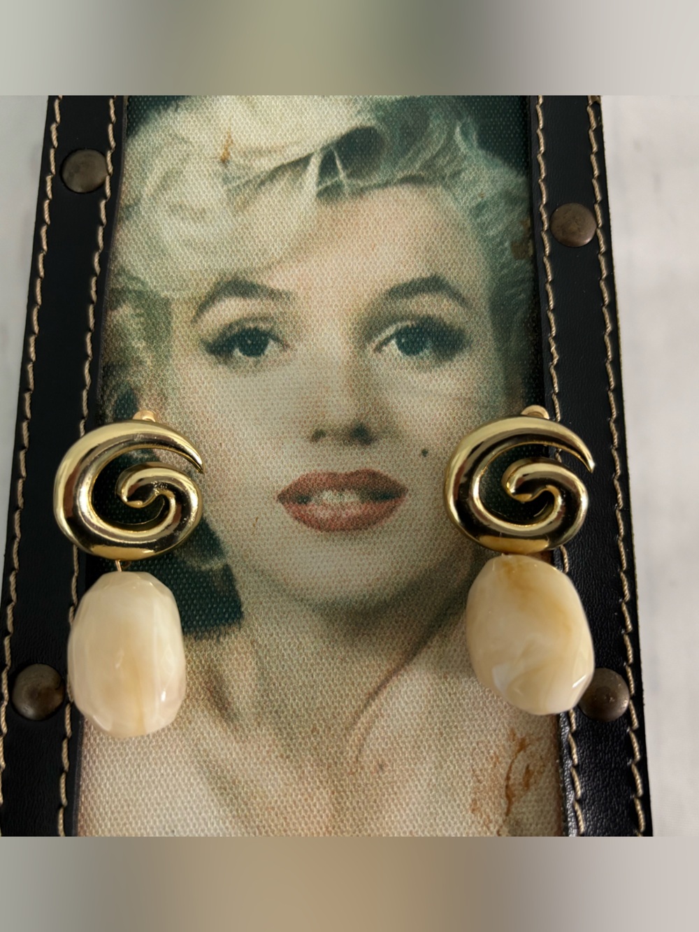 Spiral Gold Tone Drop Earings with Cream Resin Drop